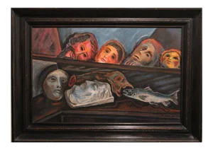 Norman Baasch Dark Tonal Surrealist Oil Paint "Mask Still Life with a Fish" 2009