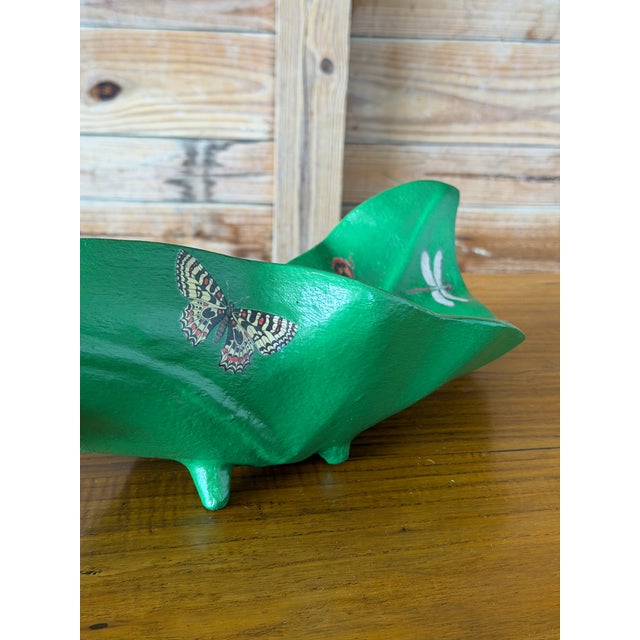 Vintage Sculptural Green Leaf Form Metal Centerpiece Bowl With Découpage Appliqué For Sale - Image 4 of 12