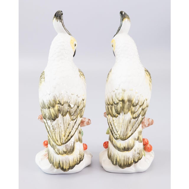 Mid 20th Century Vintage Italian Majolica White Cockatoos Parrots Birds - A Pair For Sale - Image 5 of 13