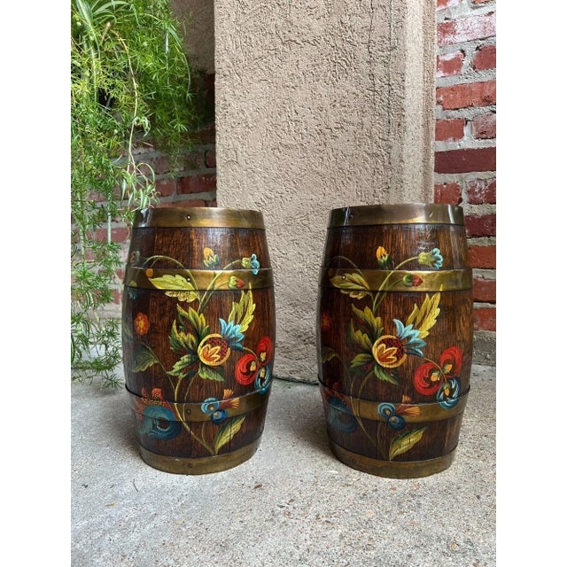 Pair Set Antique English Oak Barrel Jardinière Planter Rosemaling Hand Painted For Sale - Image 13 of 18