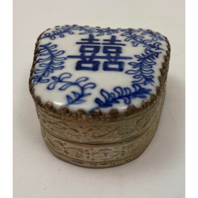Vintage Chinese Porcelain Shard Box Oriental Decorative Nickel Silver For Sale - Image 4 of 11