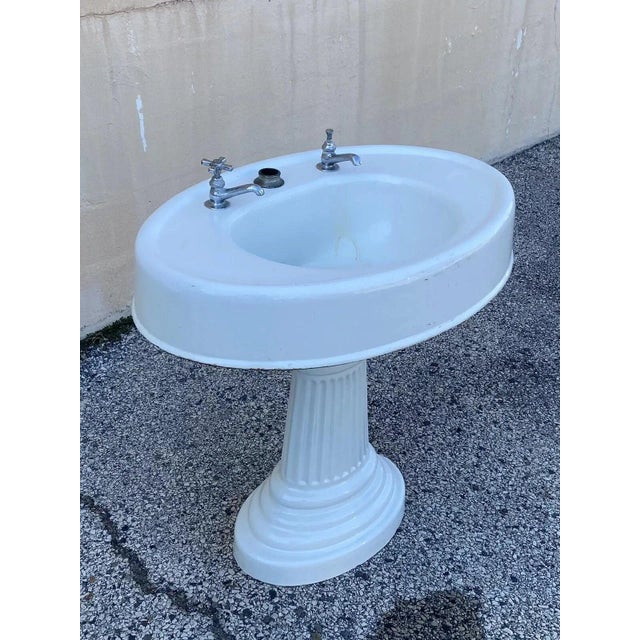 Victorian Antique Victorian White Cast Iron Porcelain Enamel Pedestal Bathroom Sink For Sale - Image 3 of 12