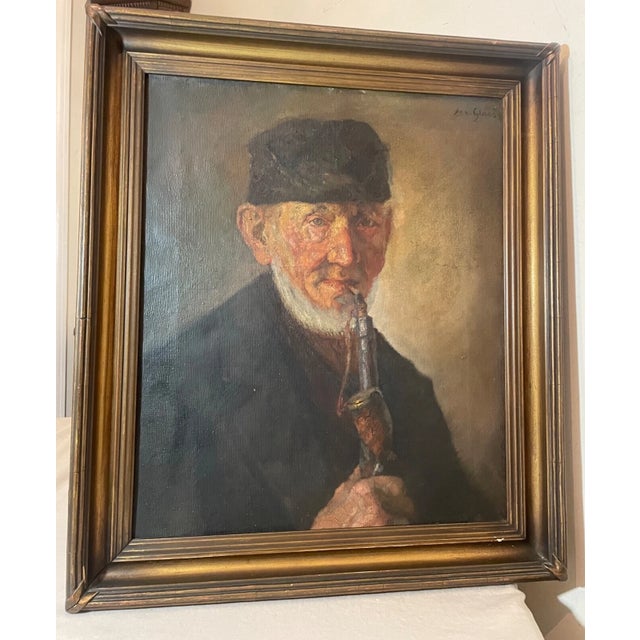 Brown Antique H Glass Elder Man Expressionism Smoking Pipe Oil Painting Portrait 1800s For Sale - Image 8 of 13