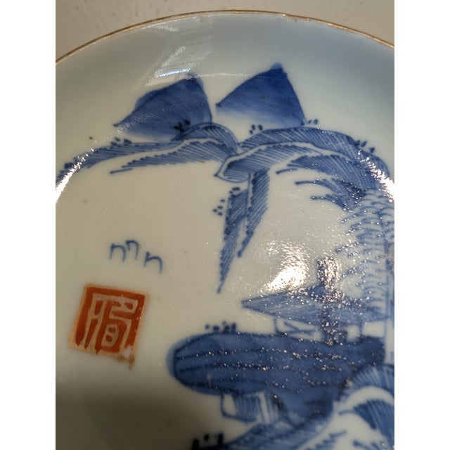Antique Japanese Arita Blue-and-White Porcelain Landescape Gilt Plate For Sale - Image 4 of 6