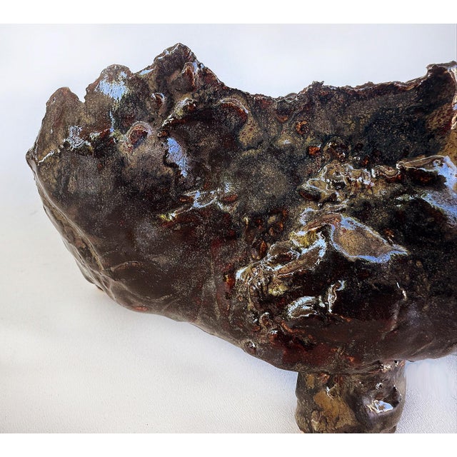 Signed Vintage Brutalist Ceramic Studio Pottery Footed Bowl Catchall For Sale - Image 4 of 9