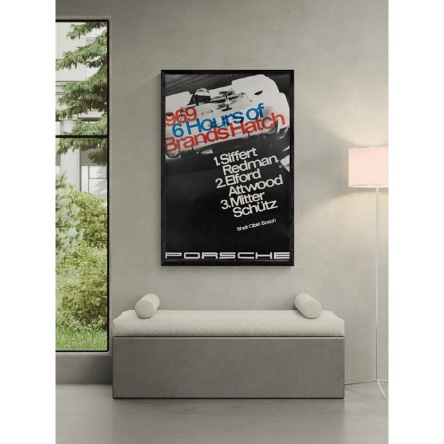 This original 1969 Porsche motorsport poster celebrates the brand's performance at the 6 Hours of Brands Hatch. Designed...