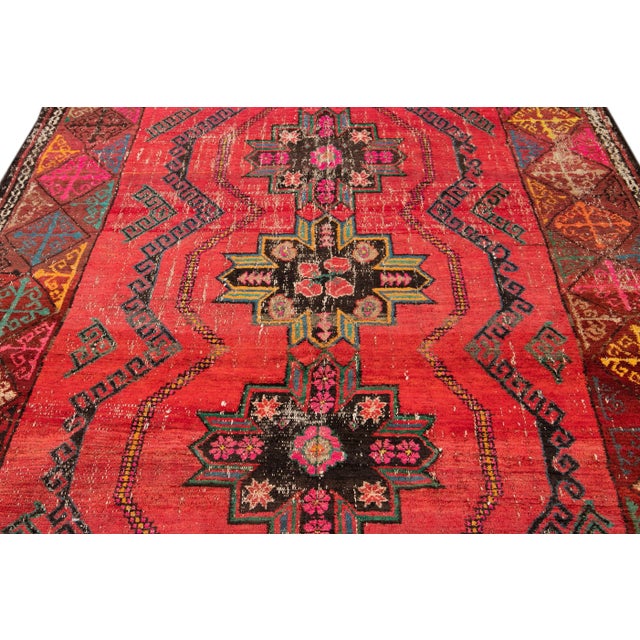 Tribal 1960s Vintage Persian Red Handmade Geometric Tribal Wool Rug For Sale - Image 3 of 8