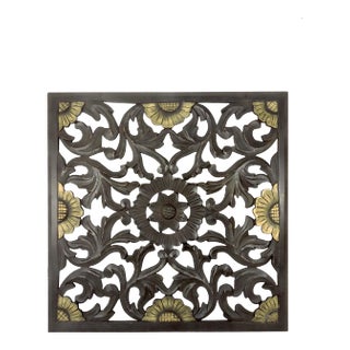 Large Asian Hand Carved Dark Brown Wood Wall Panel / Wall Hanging With Gold Flowers For Sale