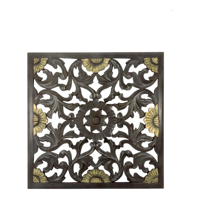 Large Ornate Dark Brown Asian Distressed Sculptural Carved Wood Wall Panel With Gold Flowers For Sale