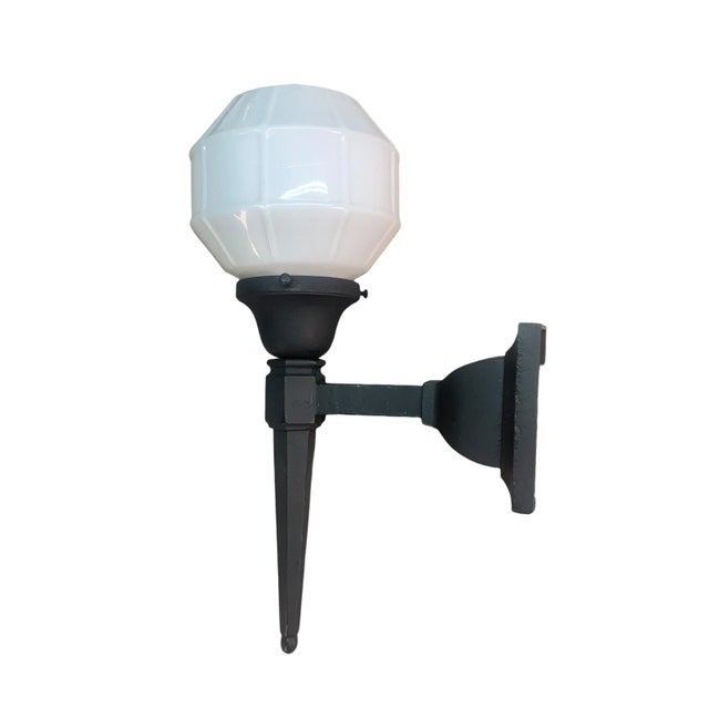 1910s Black Long Tail Exterior Sconce With Milk Glass Shade #2568 For Sale - Image 4 of 5