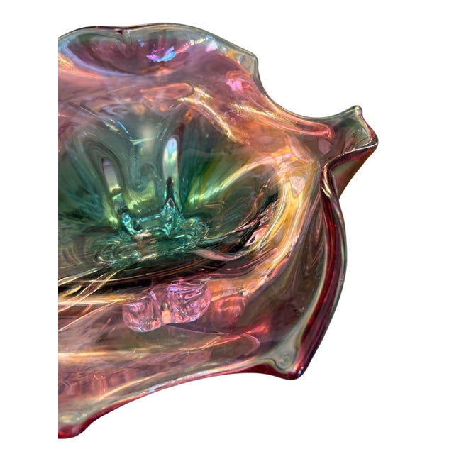 Murano Glass Footed Bowl Emerald Green, Pink & Clear, Italy, Late 20th Century For Sale - Image 4 of 7