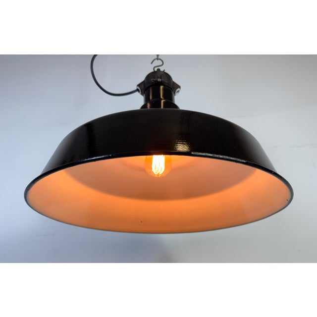 Large Industrial Black Enamel Factory Lamp with Cast Iron Top from Elektrosvit, 1950s For Sale - Image 12 of 18
