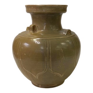 Vintage Chinese Handmade Ceramic Olive Green Tan Vase Jar For Sale