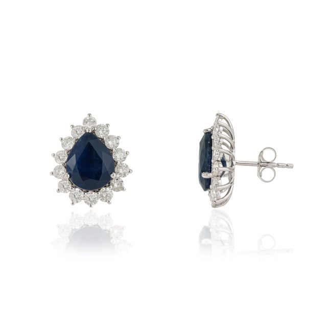 VR Jewels 8.01ct Royal Blue Sapphire & 2.19ct Diamond Halo Pear Stud Earrings in 14k White Gold- A Pair For Sale - Image 4 of 16