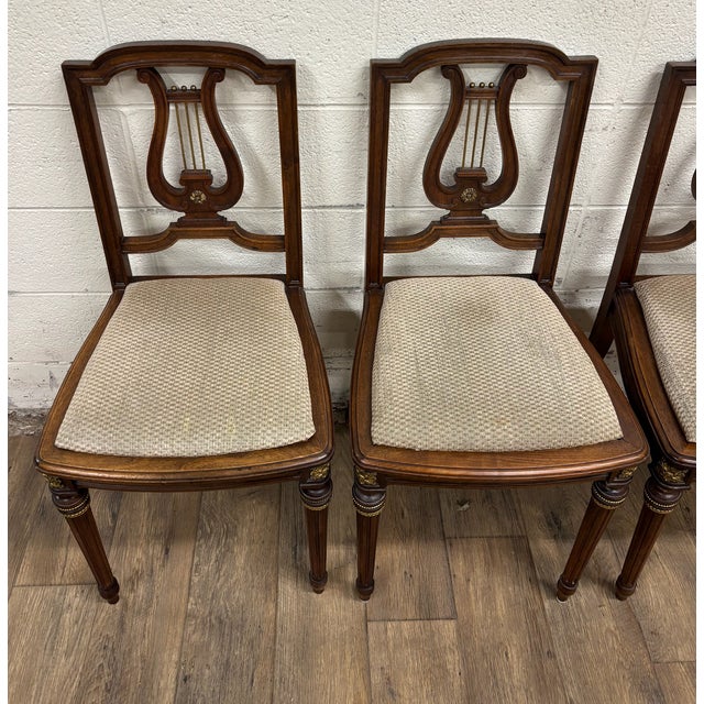 French Vintage French Louis XVI Style Harp Back Lyre Back Bronze Ormulu Dining Chairs For Sale - Image 3 of 14