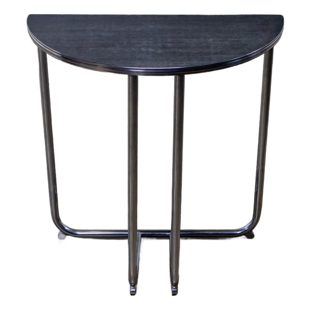1920-1940’s Art Deco Streamline Moderne Royalchrome Demilune Console Table Chrome Tube Frame & Black Laminate Top For Sale