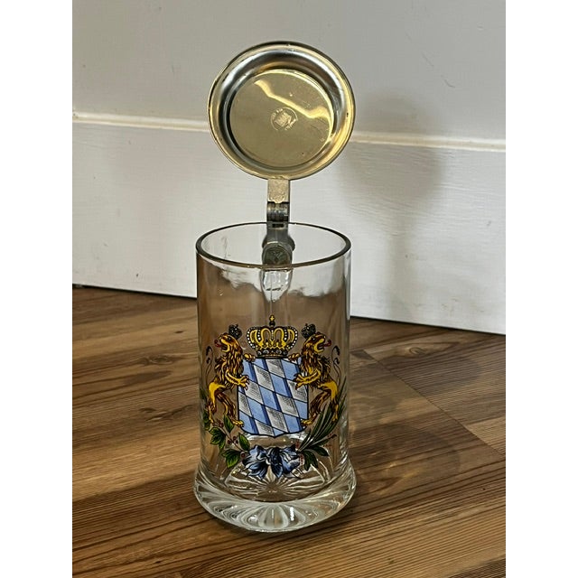 Mid-Century Modern Late 20th Century Mid Century Modern German Deckel Rein-Zinn Pewter Lid Lion Crest Crystal Stein Lid For Sale - Image 3 of 12