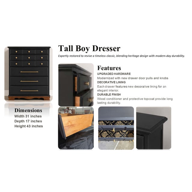 Mid 20th Century Tall Boy Dresser – Matte Black W/Warm Wood Base For Sale - Image 4 of 6