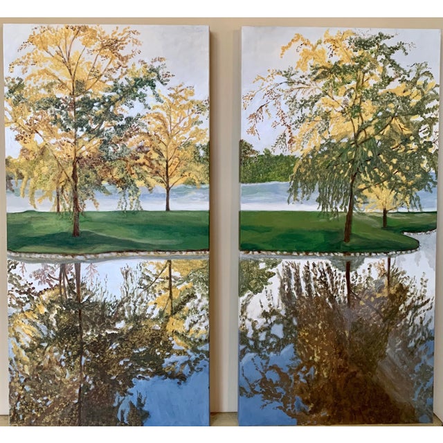 Textile "Fall Reflection Diptych" Contemporary Autumn Landscape Acrylic Painting - a Pair For Sale - Image 7 of 7