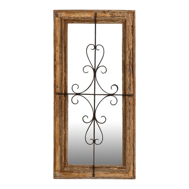 1900s French Wood Patinated Mirror With Wrought Iron Details For Sale