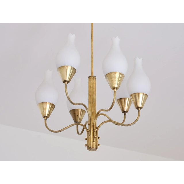 Six Arm Chandelier in Brass and Opal Glass by Edvard Hagman, Sweden, 1956 For Sale - Image 9 of 12