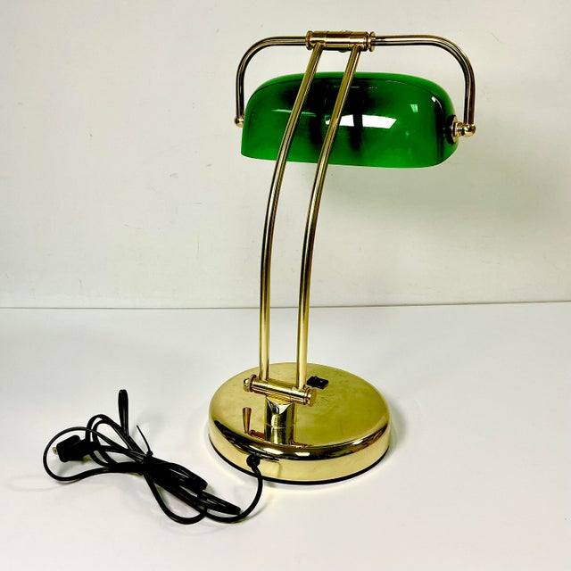1970s Vintage Art Deco Arts & Crafts Emeraldite Bottle Green Glass Shade Brass Bankers Desk Lamp For Sale - Image 9 of 16