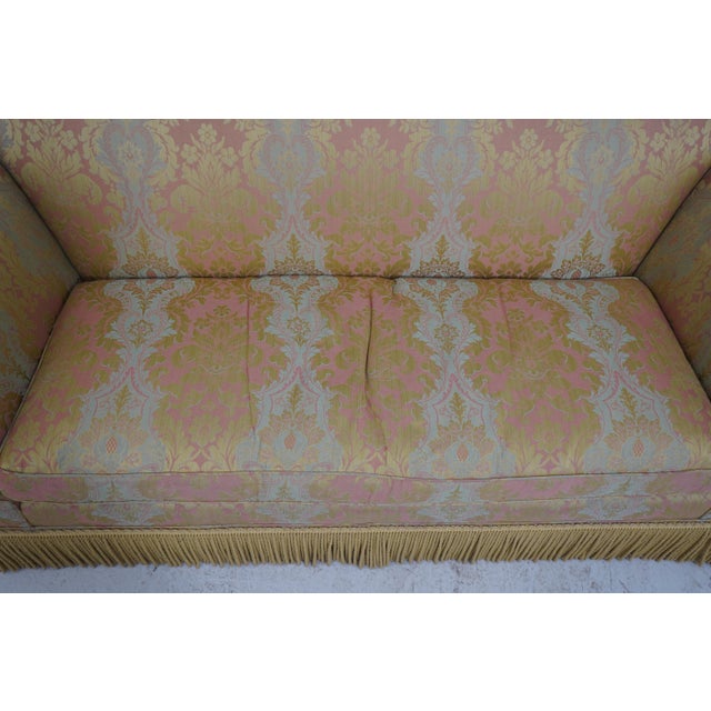 Baker Damask Upholstered Sofa W. Bullion Fringe For Sale - Image 9 of 18