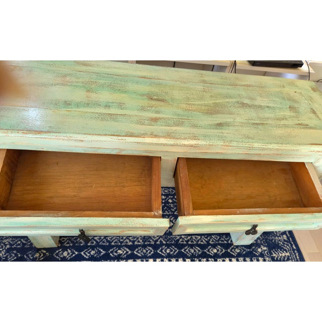 Mexico Painted Rustic Distressed Light Green Blue Aquamarine Entryway Console Table For Sale - Image 4 of 7
