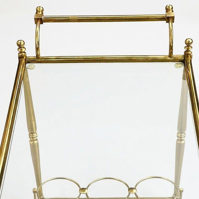 Mid-Century Regency French Solid Brass & Glass Bar Cart W/ Bottle Holder For Sale In Los Angeles - Image 6 of 11