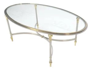 Mid Century Hollywood Regency Italian Oval Glass top Brass & Chrome Coffee Table