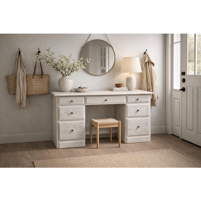 Wood Vintage Solid Pine Scandinavian Style Limewash Double-Pedestal Writing Desk For Sale - Image 7 of 12