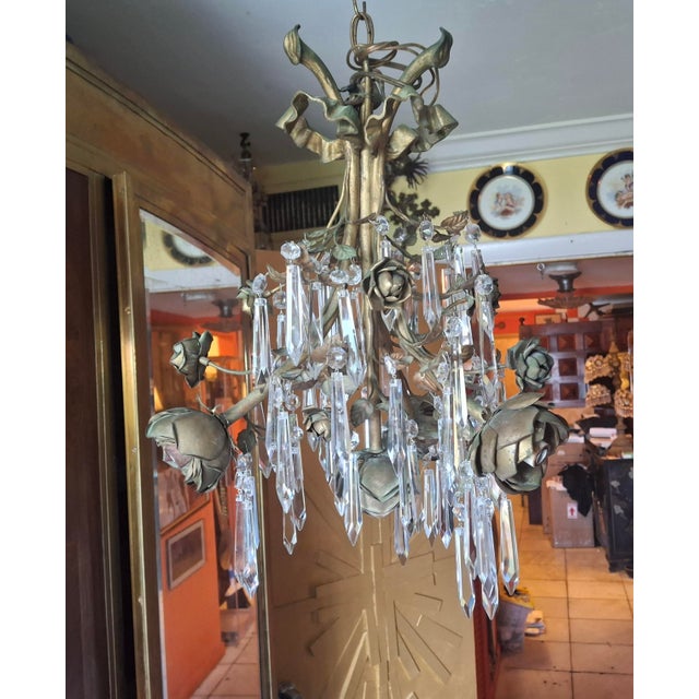 1940s Hollywood Regency Gilt & Verdigris Bronze/ Tole/ Crystal Pendant Chandelier For Sale - Image 9 of 12