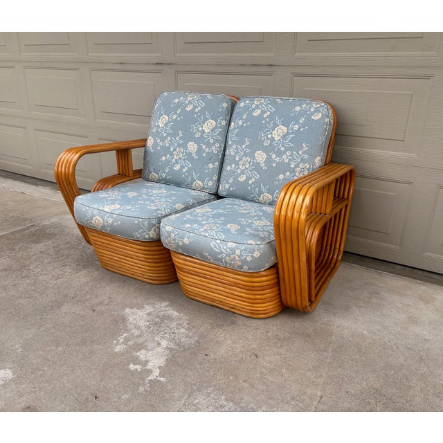 Paul Frankl Paul Frankl Style Rattan Bamboo Pretzel One-Arm Club Lounge Chairs Loveseat Sofa For Sale - Image 4 of 13