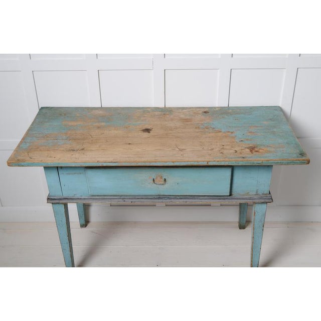 Wood Antique Classic Folk Art Gustavian Swedish Turquoise Table with a Drawer For Sale - Image 7 of 10