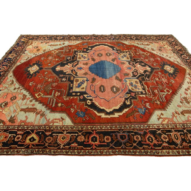1870s Antique Wool Rug Persian Serapi Featuring a Medallion Motif in Rust Color For Sale - Image 4 of 8