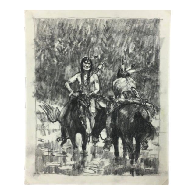 1910s Charcoal Drawing of Indigenous Men and Their Horses Resting For Sale