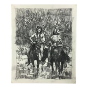 1910s Charcoal Drawing of Indigenous Men and Their Horses Resting