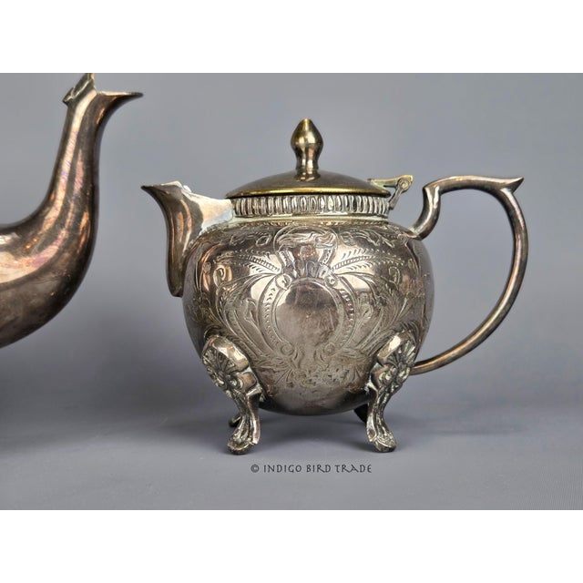Metal Antique Victorian Silver Plated Tea Set of 3 - Teapot Creamer and Sugar Bowl With Lid For Sale - Image 7 of 14