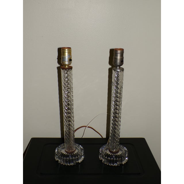 Vintage Pair Art Deco Twisted Glass Column Candlestick Table Lamps For Sale - Image 4 of 11
