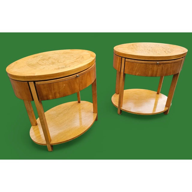 Baker Furniture Company Late 20th Century Charles Pfister for Baker Furniture Primavera and Burl Oval Nightstands - a Pair For Sale - Image 4 of 12