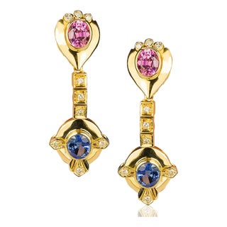 Late 20th Century Pair of 18k Pink & Blue Sapphire Earrings For Sale