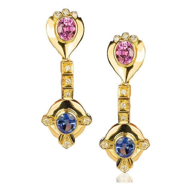 Late 20th Century Pair of 18k Pink & Blue Sapphire Earrings For Sale
