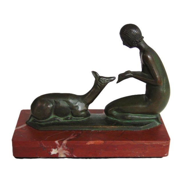 Antique Art Deco Bronze Sculpture "Woman Feeding Deer" on Red Marble Base 6.5"l X 5.5"h For Sale - Image 9 of 10