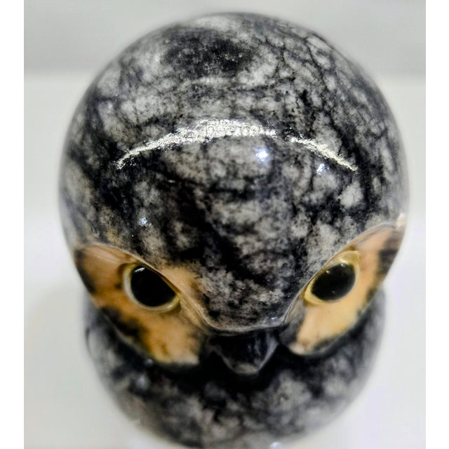 Mid 20th Century Mid-Century Volterra Alabaster Owl Figurine With Glass Eyes, Italian Hand-Carved Sculpture For Sale - Image 5 of 9