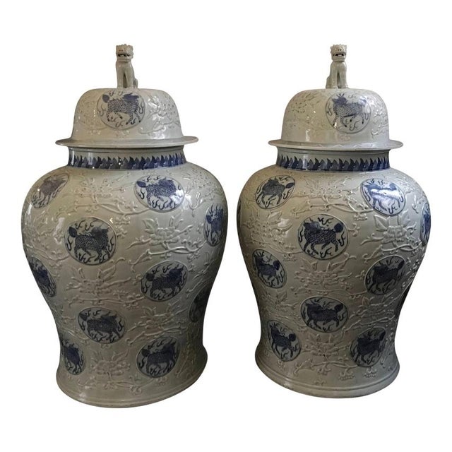 Porcelain Blue and White Giant Jar Vases, Set of 2 For Sale - Image 12 of 12