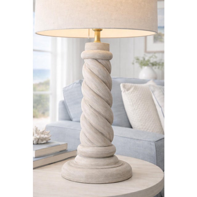 Late 20th Century Large Sculptural Barley Twist Plaster Table Lamp With 17” Linen Drum Shade – 33” Tall For Sale - Image 4 of 7