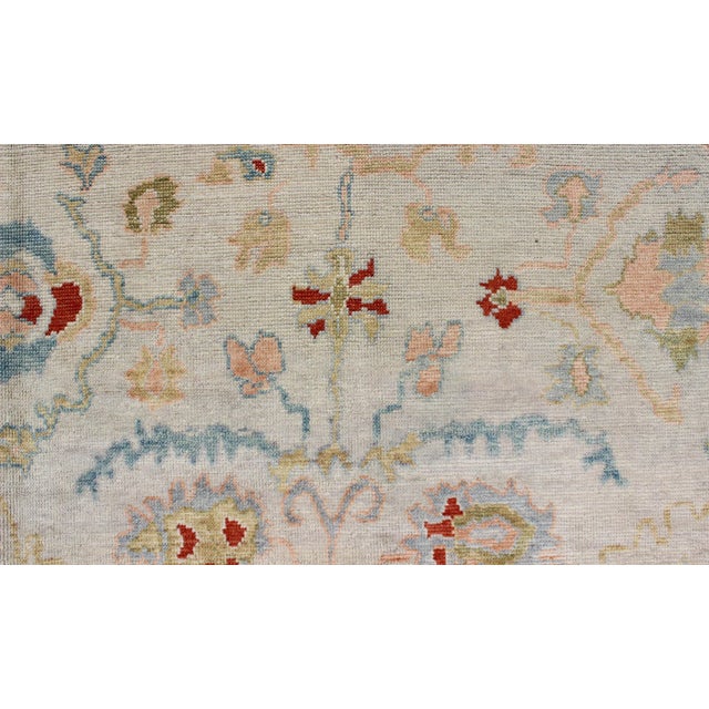 Large Angora Oushak Turkish Rug With All Over Design in Light Blue, Ivory & Red For Sale - Image 9 of 13