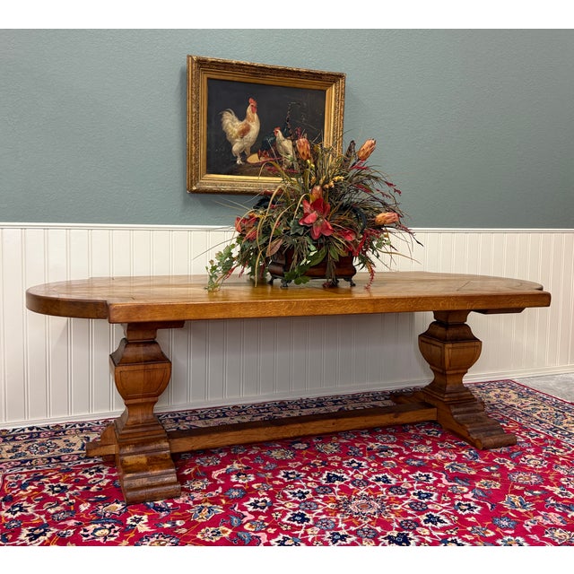 UNIQUE and BEAUTIFUL Antique French Country Honey Oak Farmhouse Dining Table with Trestle Base and Radial Ends~~c....