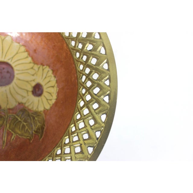 Vintage Pierced Edge Sunflower Enamel Brass Trinket Pedestal Dish For Sale - Image 6 of 8