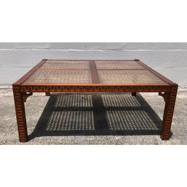 Mid-Century Modern Vintage Mid Century Cane & Glass Wood Fretwork Coffee Table For Sale - Image 3 of 12
